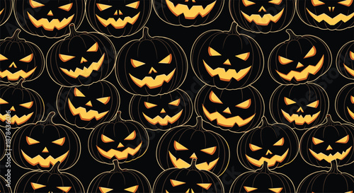 Seamless wallpaper pattern featuring many glowing carved Halloween jack-o-lantern pumpkins on a solid black background.