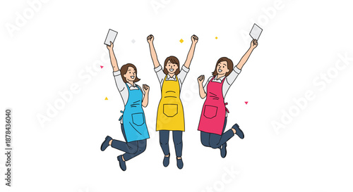 Group of three female workers wearing aprons and jumping for joy while holding tickets or flyers in a celebration pose.