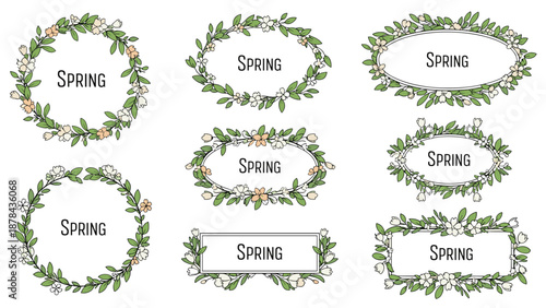 Beautiful set of eight diverse floral wreaths and frames decorated with spring flowers and greenery surrounding the word spring in various shapes.