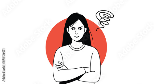 Frustrated young woman with long dark hair standing with her arms crossed and a very angry facial expression on her face.