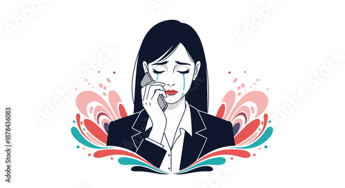 Upset businesswoman in a dark suit crying and talking on her mobile phone with colorful abstract shapes in the back.