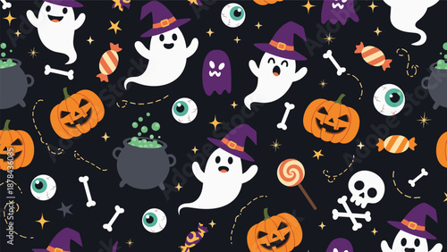 Playful halloween seamless pattern featuring spooky ghosts carved pumpkins bubbling cauldrons skulls eyeballs and festive candy on a dark background.