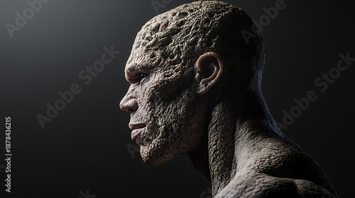 Side profile of a gene-edited humanoid with reptilian textures and bio-enhanced muscle tone 