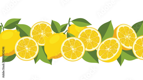 Fresh lemon border pattern featuring whole citrus fruits and vibrant yellow slices mixed with dark green leaves on a clean white background.