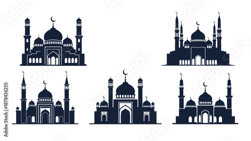 Collection of five distinct mosque silhouettes in dark blue showing various dome and minaret configurations for elegant islamic graphic design.