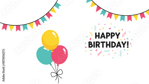 Festive happy birthday celebration design featuring a cluster of colorful balloons hanging bunting flags and a spray of celebratory confetti.