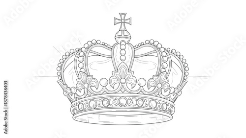 Detailed black and white line art drawing of a royal crown with intricate jewels and cross on top representing power, monarchy, and luxury.