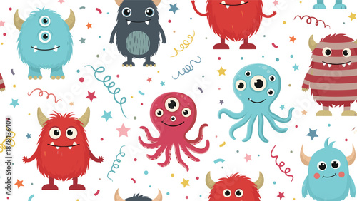 Fun and colorful seamless pattern featuring many different cute monsters with multiple eyes horns and tentacles along with stars and streamers.