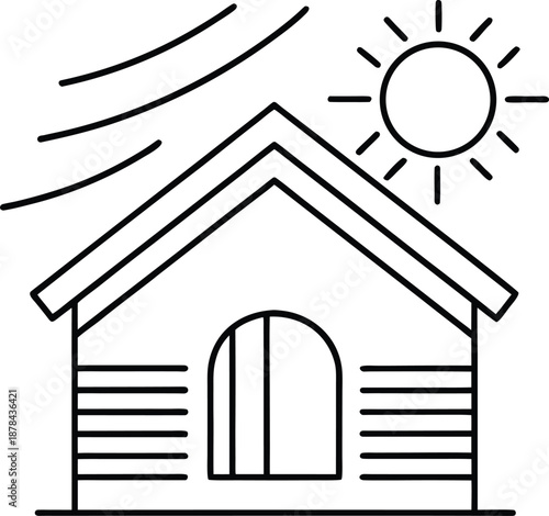 Simple line drawing of a house with sun and wind