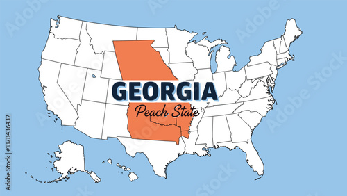 Informative map of the United States with the state of Georgia highlighted in orange and text identifying it as the peach state on blue background.