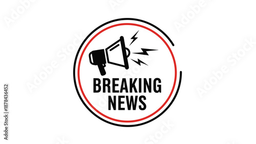 Bold breaking news logo design with a megaphone icon and lightning bolts enclosed in a red and black circular frame for urgent announcement media.