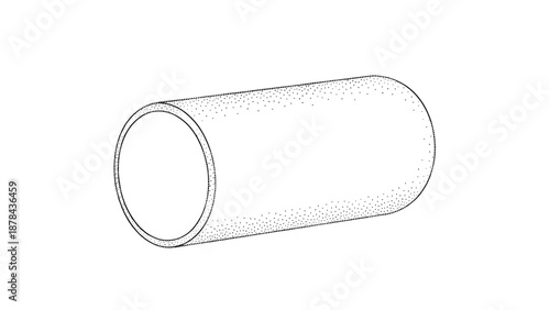 Technical stippled drawing of a hollow metal cylinder or pipe segment shown from an isometric perspective for engineering and industrial design.