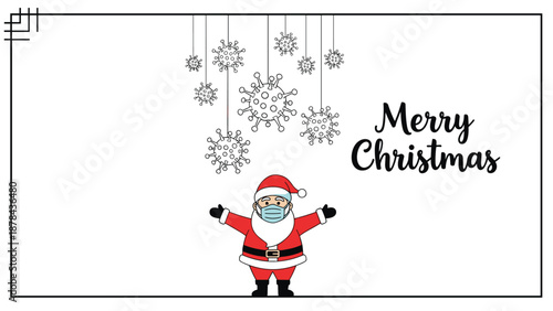 Festive holiday greeting card featuring santa claus wearing a protective mask with coronavirus molecules hanging like ornaments for safe holidays.