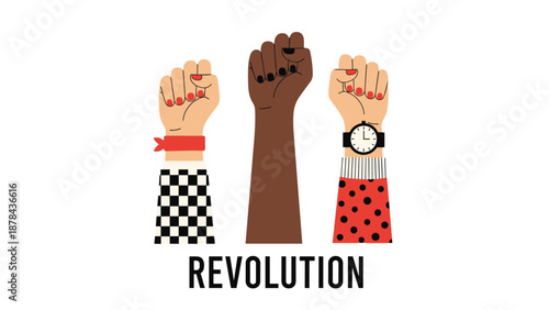 Three raised fists of different skin tones with decorative sleeves and accessories below the word revolution for social justice and unity themes.