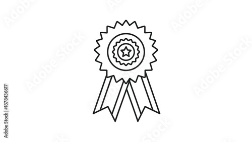 Simple black and white line icon of a multi layered award ribbon medal with a central star symbol for achievement, excellence, and success.