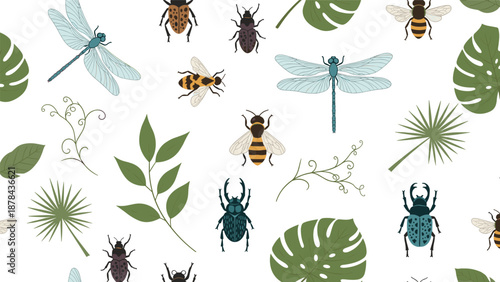 Intricate seamless pattern showing a variety of insects like bees and dragonflies mixed with different types of green tropical and forest leaves.