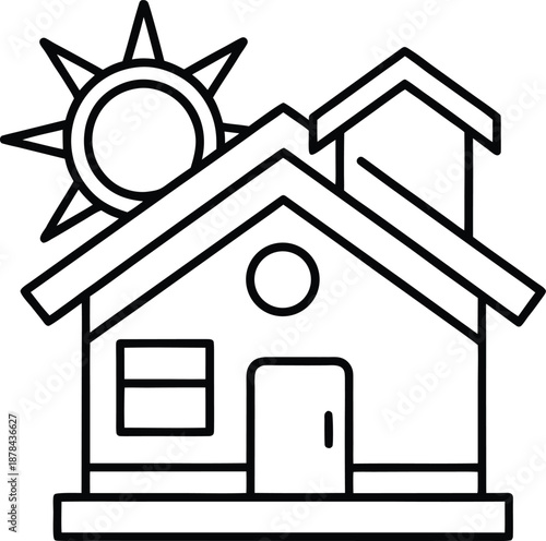 Simple line drawing of house with sun  residential building icon