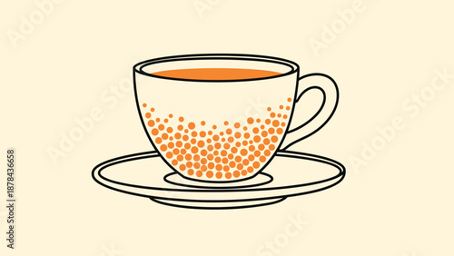 Illustration of a white ceramic tea cup with an orange dotted pattern on its base and liquid inside resting on a matching saucer for cafe themes.