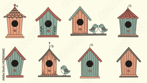 Set of eight charming birdhouses with different shapes colors and patterns featuring cute little birds perched on or near their wooden homes.