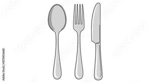 Clean line drawing of a standard stainless steel cutlery set with a spoon, fork, and table knife arranged vertically for dining and food concepts.