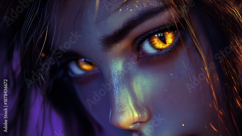 Realistic hybrid human with cat-like eyes, fur-lined cheekbones, and sharp details under vibrant lighting 