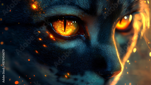 Realistic hybrid human with cat-like eyes, fur-lined cheekbones, and sharp details under vibrant lighting 