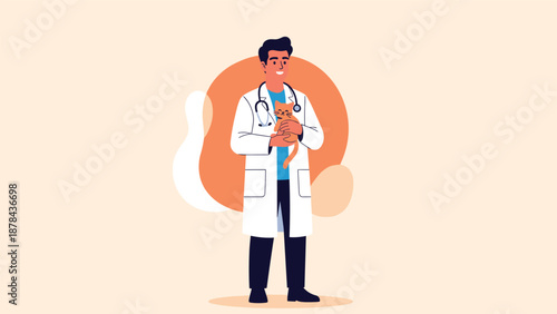 Friendly male veterinarian wearing a white medical coat and a stethoscope gently holding a small orange tabby cat for a checkup or treatment.