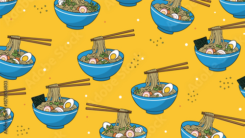 Vibrant seamless pattern featuring many blue bowls of japanese ramen noodles with chopsticks and eggs set against a bright yellow background.