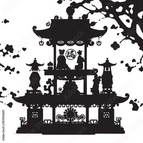 Intricate black pagoda model with miniature figures and ornate details