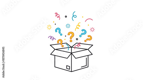 Open cardboard box illustration with colorful question marks and confetti popping out, representing a mystery gift or surprise concept.