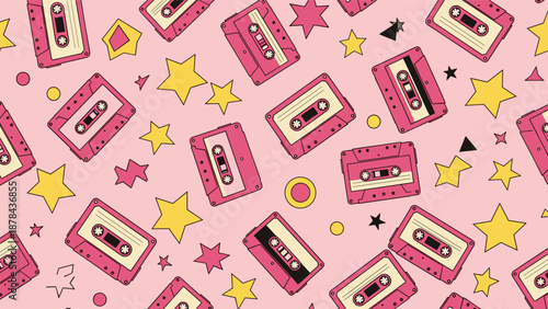 Fun retro seamless pattern featuring pink cassette tapes and yellow stars scattered on a pink background for a nostalgic eighties music theme.