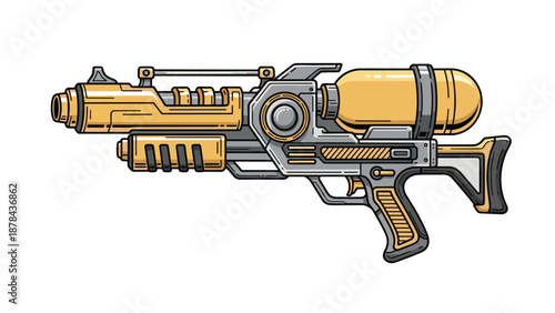 High-tech futuristic ray gun design featuring a powerful energy blaster with gold and metallic grey details over a white background.
