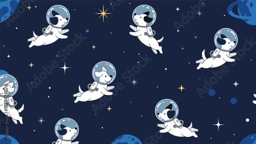 Playful seamless pattern of cute white dogs wearing glass astronaut helmets floating through dark blue space with stars and planets.