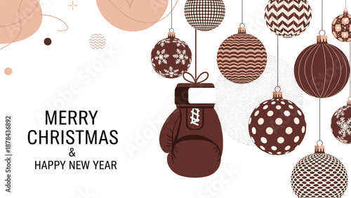Elegant holiday greeting card with a brown boxing glove ornament hanging among various patterned Christmas baubles on a white background.