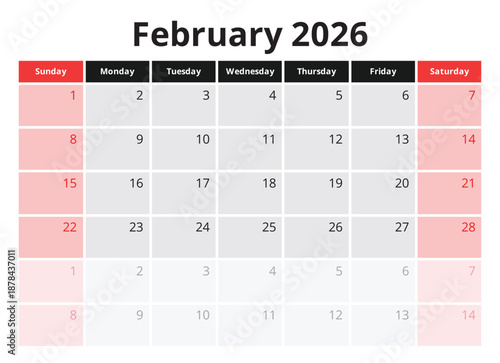 February 2026 planner calendar. English monthly page