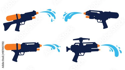 Group of four water gun silhouettes in dark blue and orange colors shooting water splashes, ideal for energetic summer-themed illustrations.