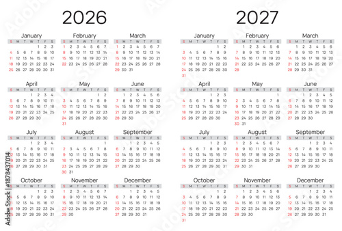 2026 and 2027 simple calendars. English vector year design (week starts sunday)