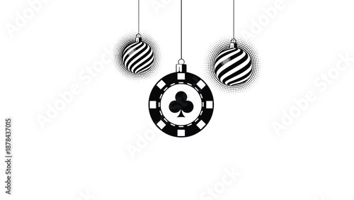 Stylized Christmas decoration featuring a black and white poker chip bauble with a clubs suit symbol hanging from a string.