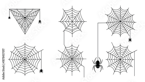 Detailed collection of various spider web designs with small black spiders, perfect for halloween decorations and spooky graphic design themes.