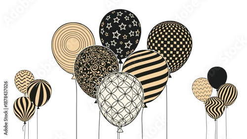 Elegant bunch of balloons featuring sophisticated patterns like stars, stripes, and swirls in a minimalist black and tan color palette.