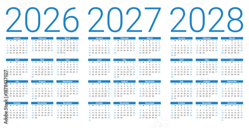 2026, 2027, 2028 english vector year calendars (week starts sunday)