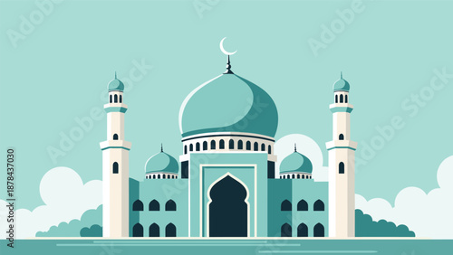 Beautiful illustration of a majestic turquoise mosque with large domes and tall minarets under a crescent moon in a peaceful night setting.