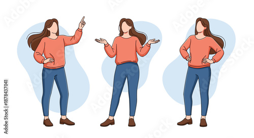 Young woman wearing a red sweater and jeans shown in three different poses like pointing, welcoming, and thinking.