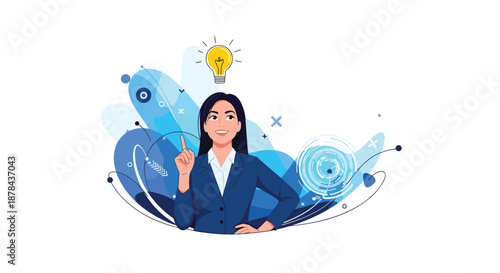 Confident businesswoman in a navy suit pointing at a glowing lightbulb above her head signifying a brilliant idea.