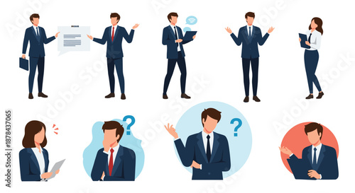 Business people character set showing various situations like giving a presentation, working, or feeling confused.