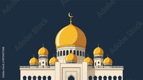 Grand islamic mosque architecture featuring golden domes and minarets against a dark navy blue background, ideal for cultural celebrations.