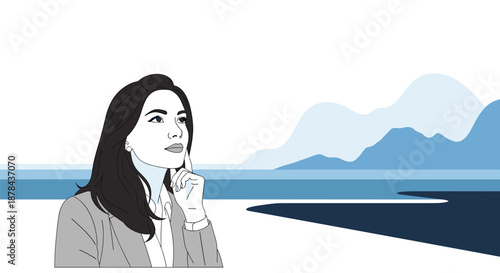 Young woman with dark hair looking up and thinking with a beautiful landscape of blue mountains and water behind her.