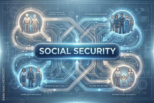 Social security graphic illustration background. Containing social security card, insurance, pension and law protection concept 