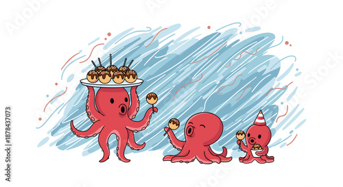 Fun illustration of three red octopuses celebrating and eating takoyaki snacks with one holding a large plateful.