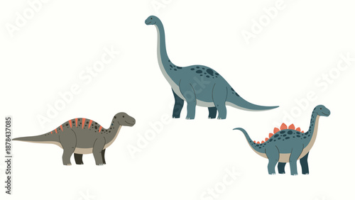 Educational set of three different dinosaurs including long-necked sauropods and a stegosaurus-like species in a flat illustration style.